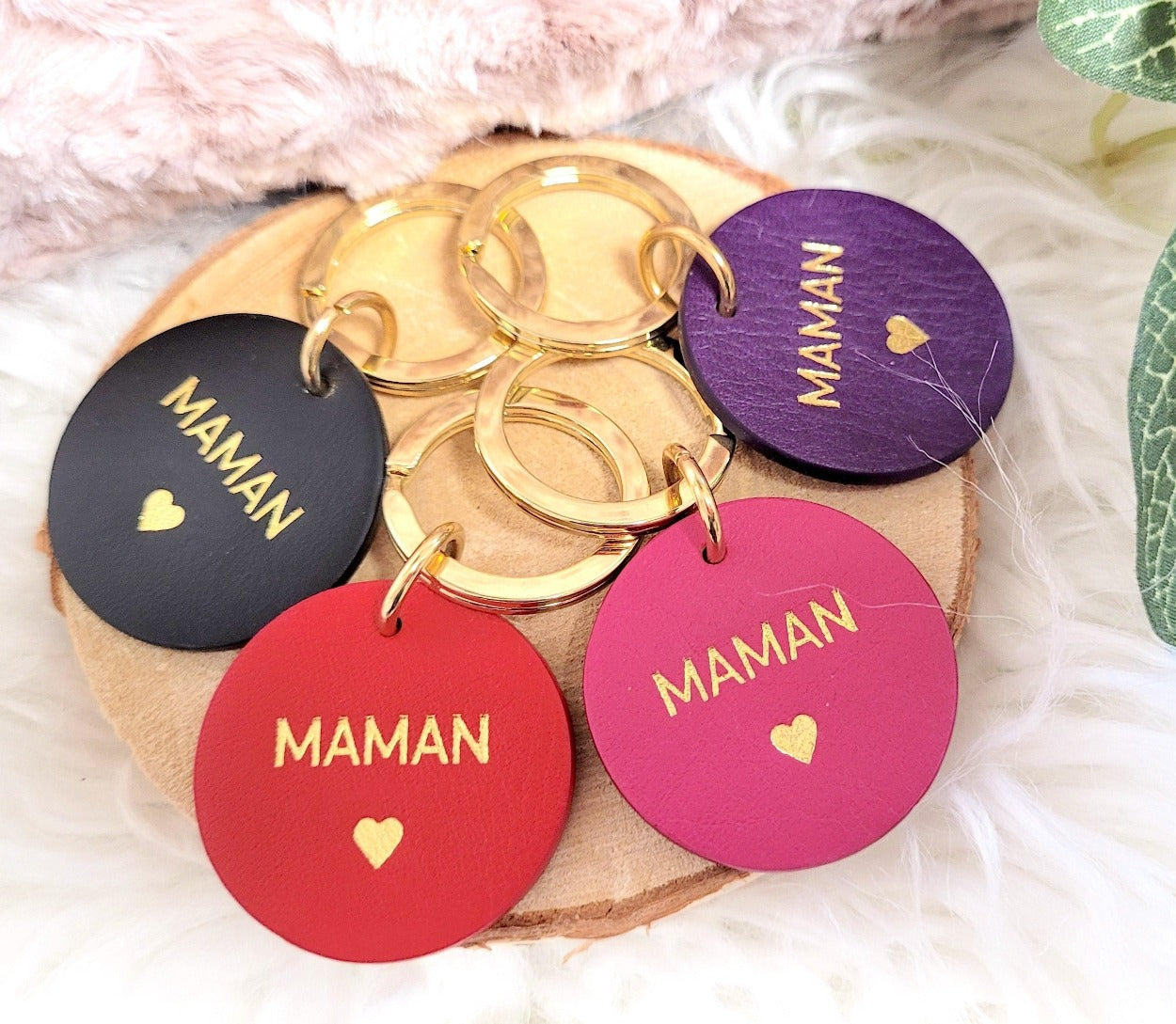 Porte-clé rond cuir Maman Les Cleias