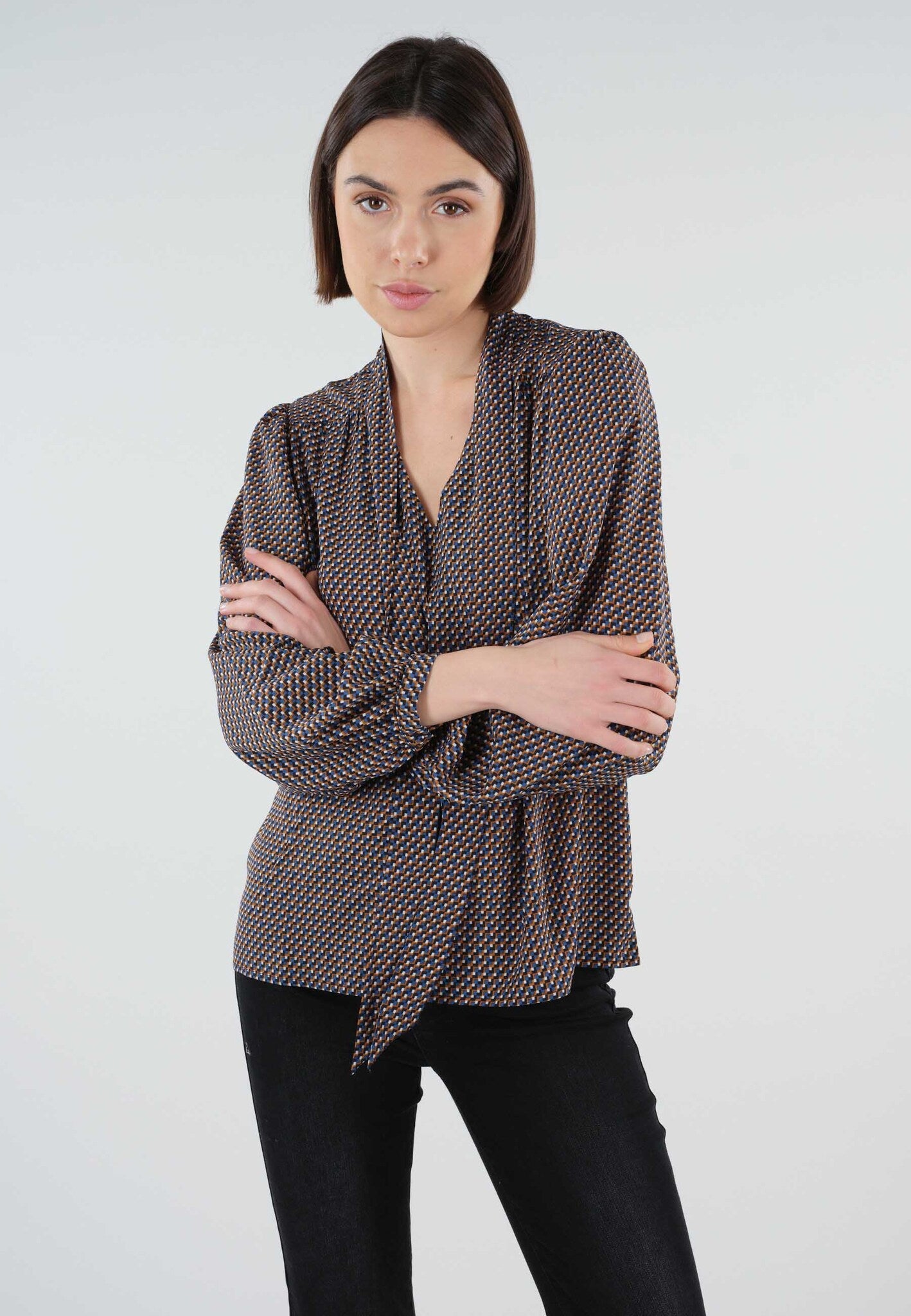 Blouse fluide chic imprimé graphique  camel Aniela de Deeluxe