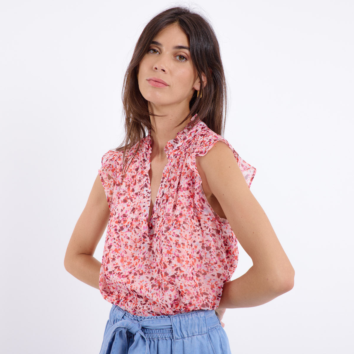 Blouse sans manches à volants Print rose Carlie de Artlove 70412