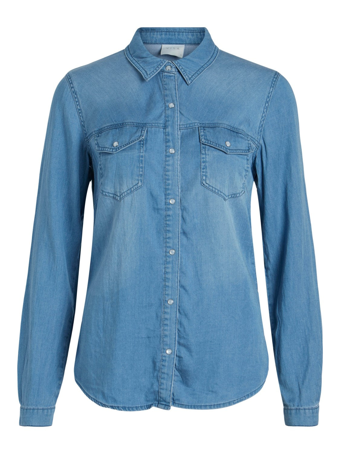 Vue de face de la chemise stretch en denim bleu Vibista de Vila