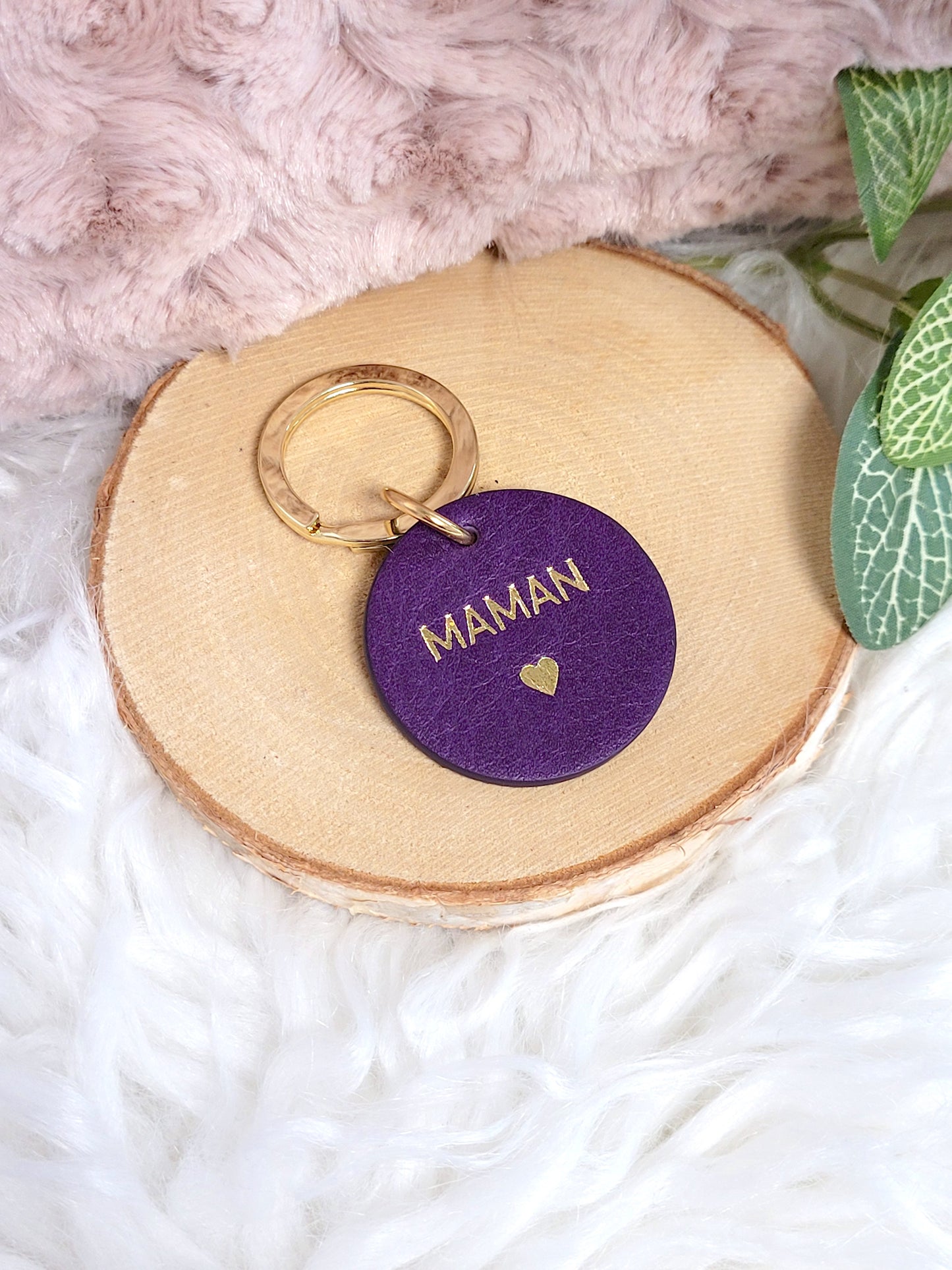 Porte-clé rond cuir Violet Maman Les Cleias