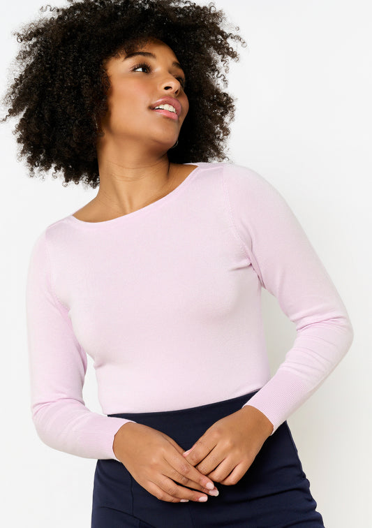 Pull lilas col bateau Kimboat en maille fine, coupe élégante qui souligne la nuque, de Lolaliza