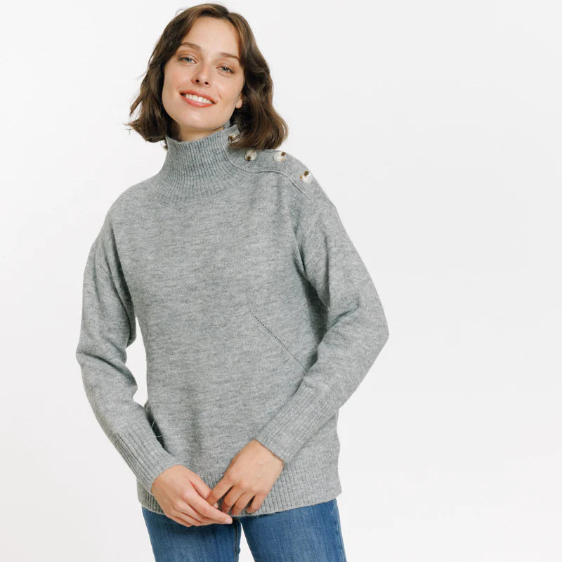 Pull long en laine col montant gris Ernestine de Artlove