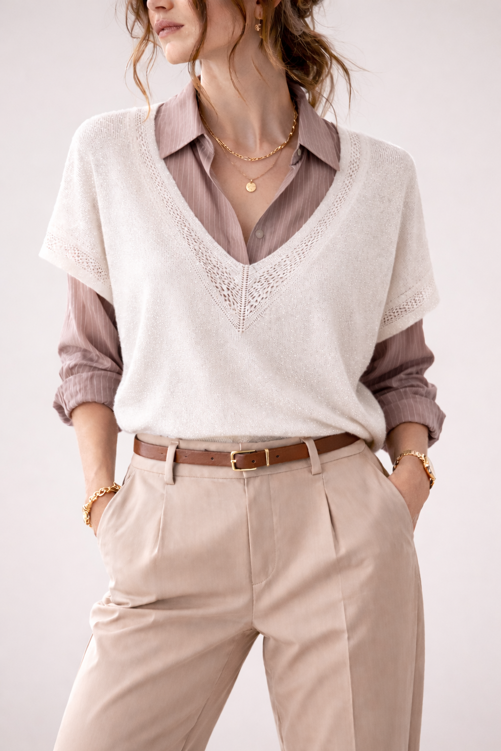 Idée de look avec chemise fluide en dessous du pull blanc irisé, contraste de matières au niveau du col V