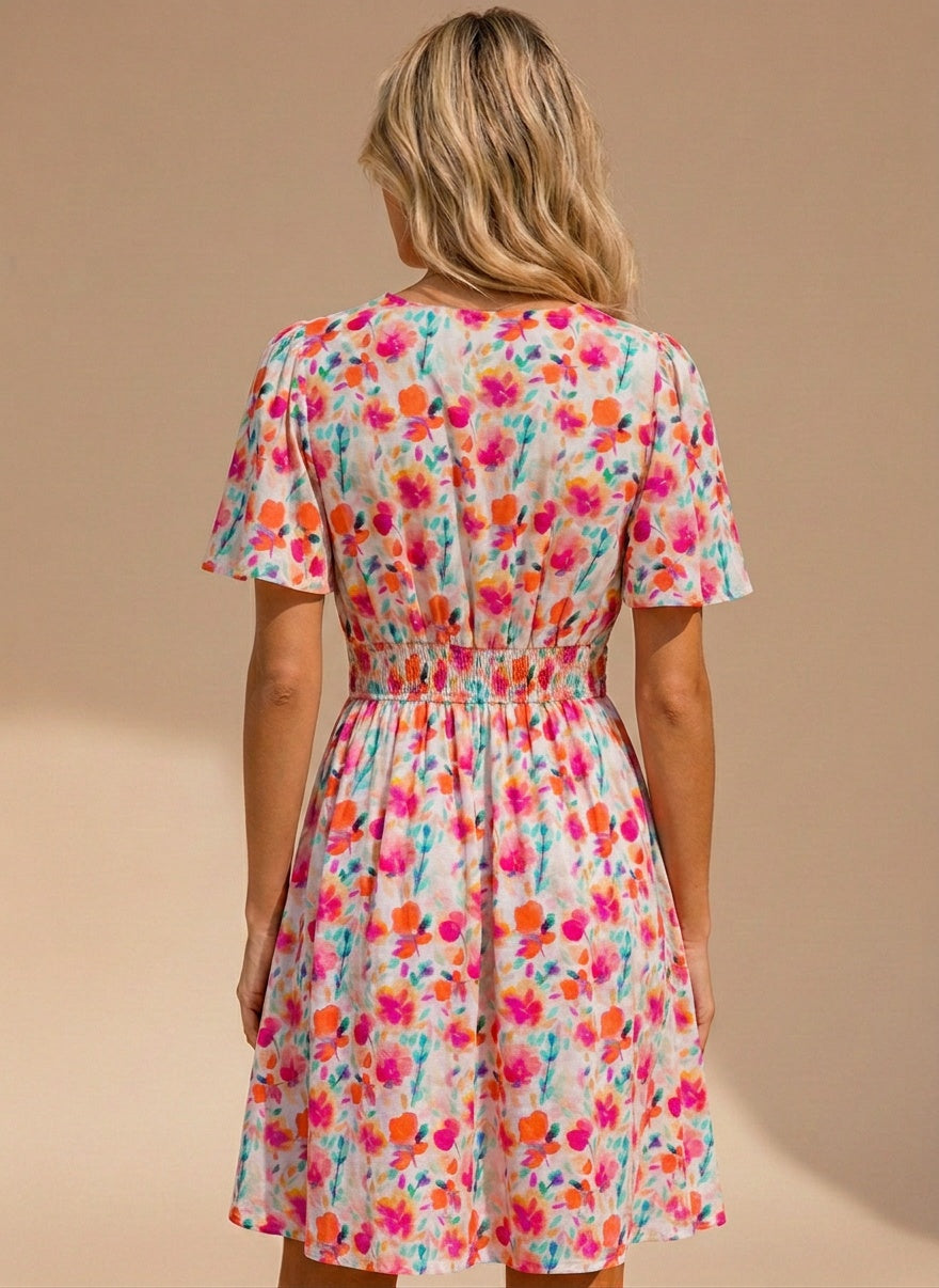 Vue de dos de la Robe à manches courte imprimé fleuri avec taille dos smockée de VIVICHY
