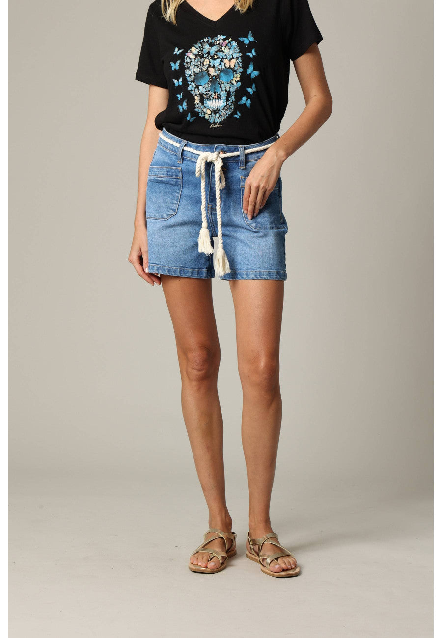 Short droit en jean moyen taille haute et liens de cordage facon bateau MINA de Deeluxe