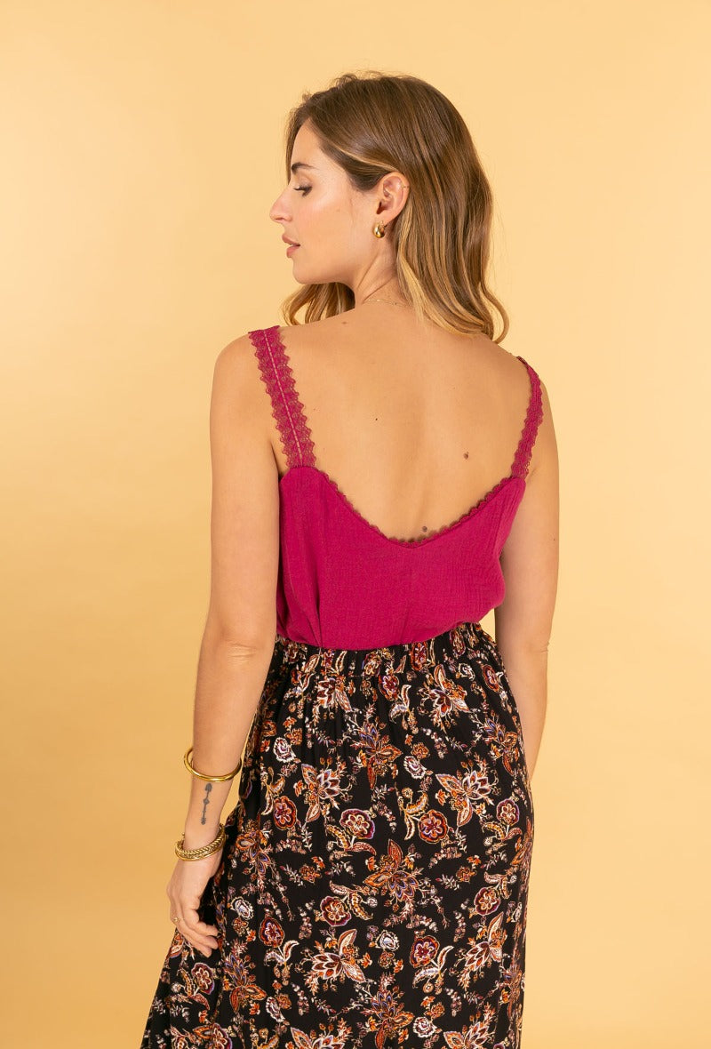 Vue du dos de Caracp en Gaze de Coton bordeaux Samuel de Lovie and Co