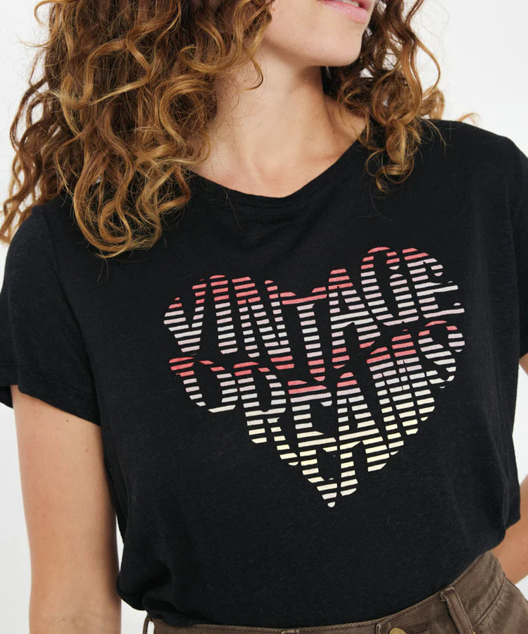 Zoom motif VINTAGE DREAM du top noir matière naturelle  Lin-visocse BRITANY de Artlove