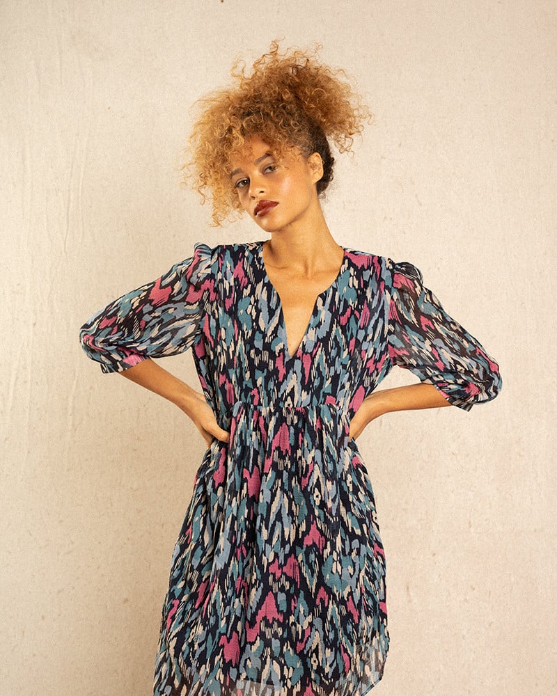 Robe manche 3/4 Print Marine bleu et fushia Inspirante de Grace and Mila