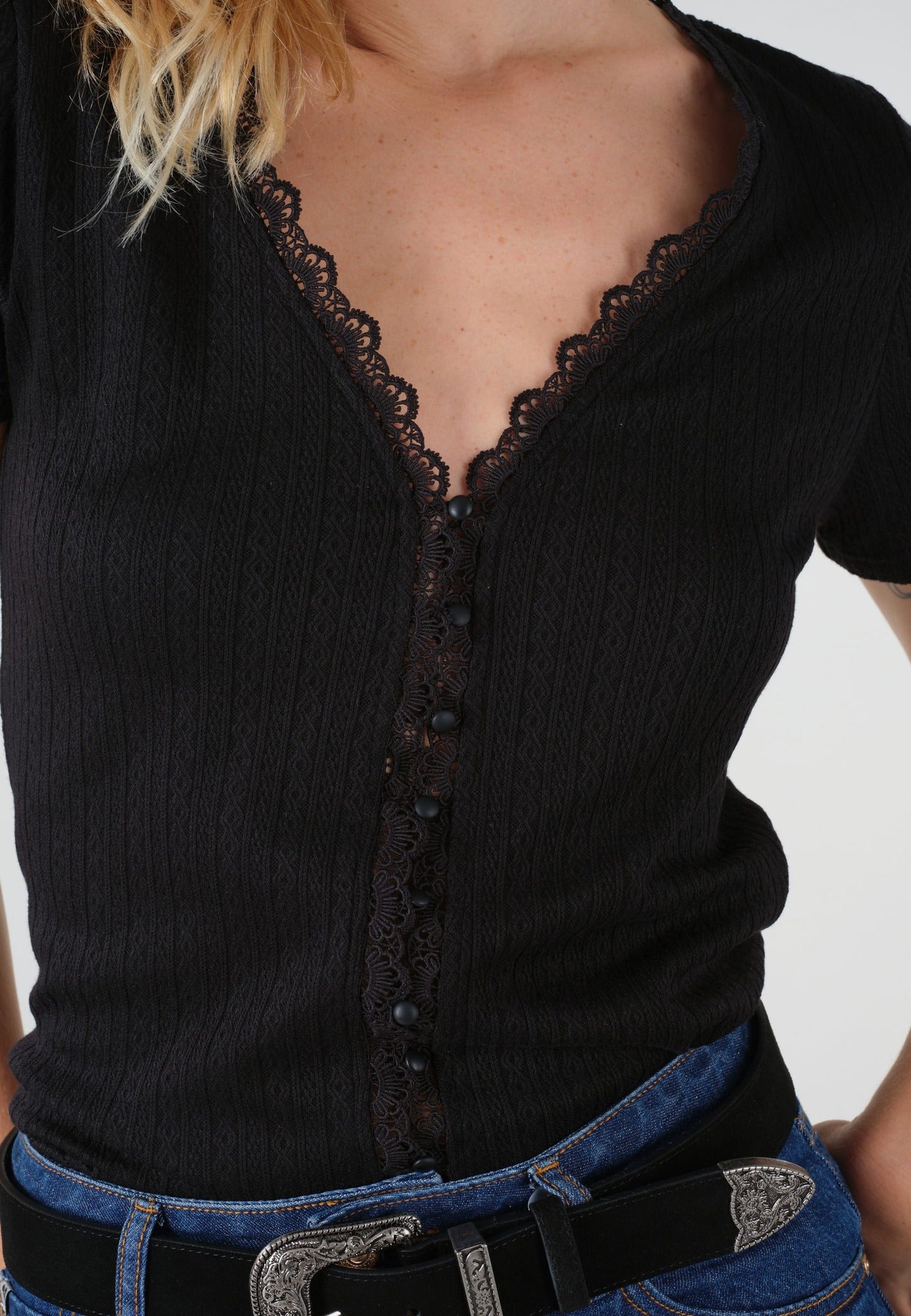Top jersey jacquard boutonné et dentelle à l'encolure Aya Deeluxe