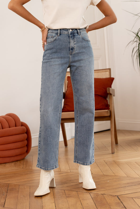 Jean droit taille haute femme SOLANGE denim bleu canard délavé coupe large vue de face, Oraije