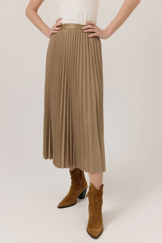 Jupe EUGENIE beige fluide pour femme, polyvalente et confortable, idéale pour bureau et sorties 