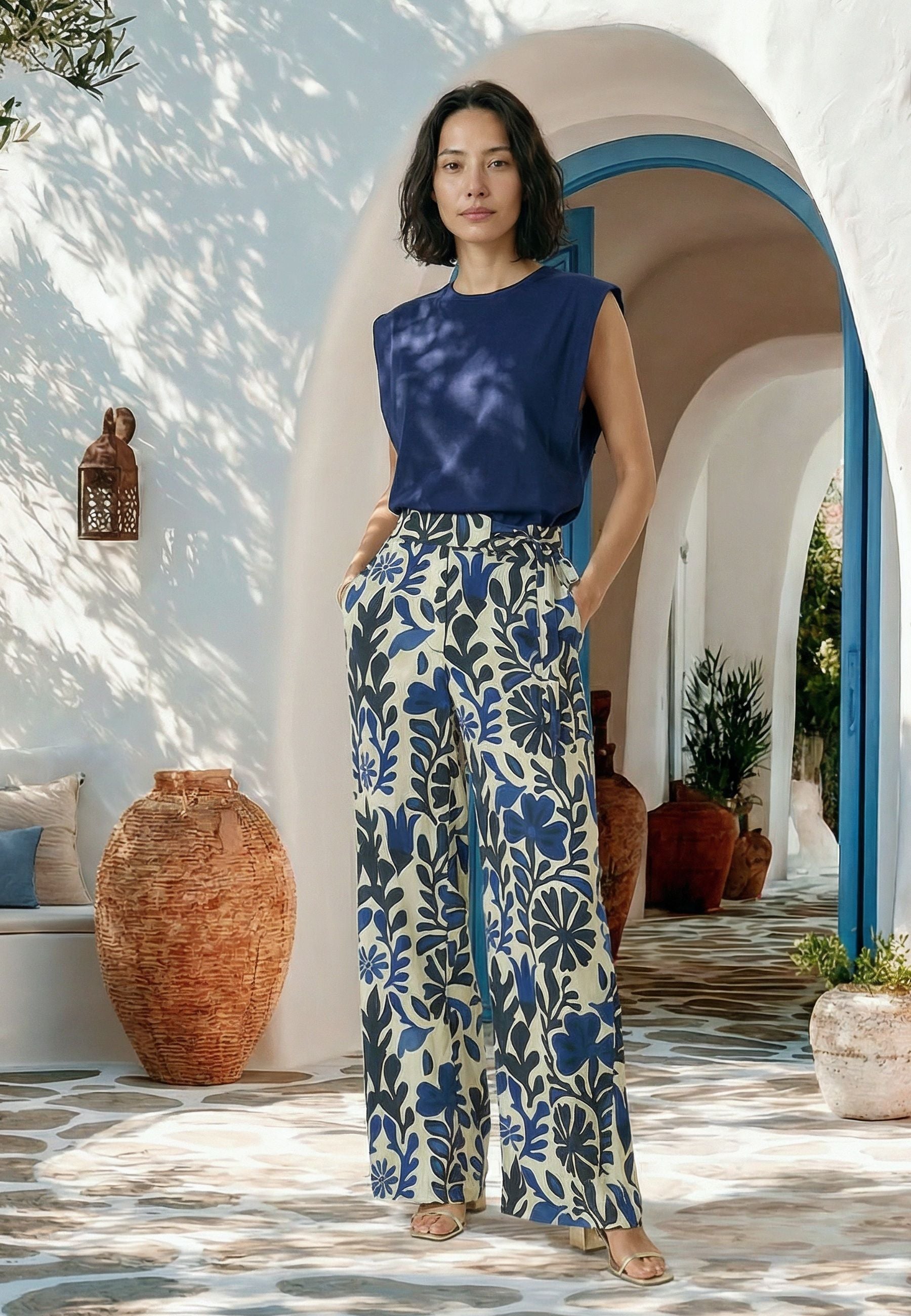 Look estival avec pantalon large VAHLINA imprimé bleu et écru, top marine et sandales dorées de DEELUXE