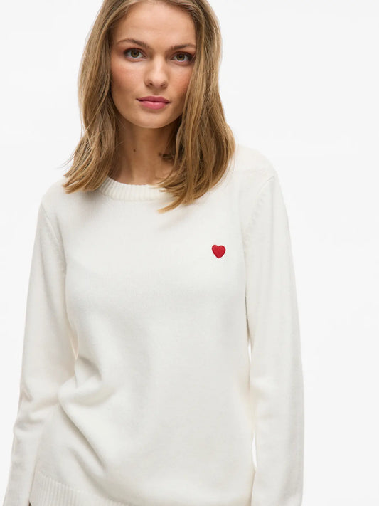 Pull doudou blanc fin avec coeur brodé poitrine VIRIL O NECK de Vila