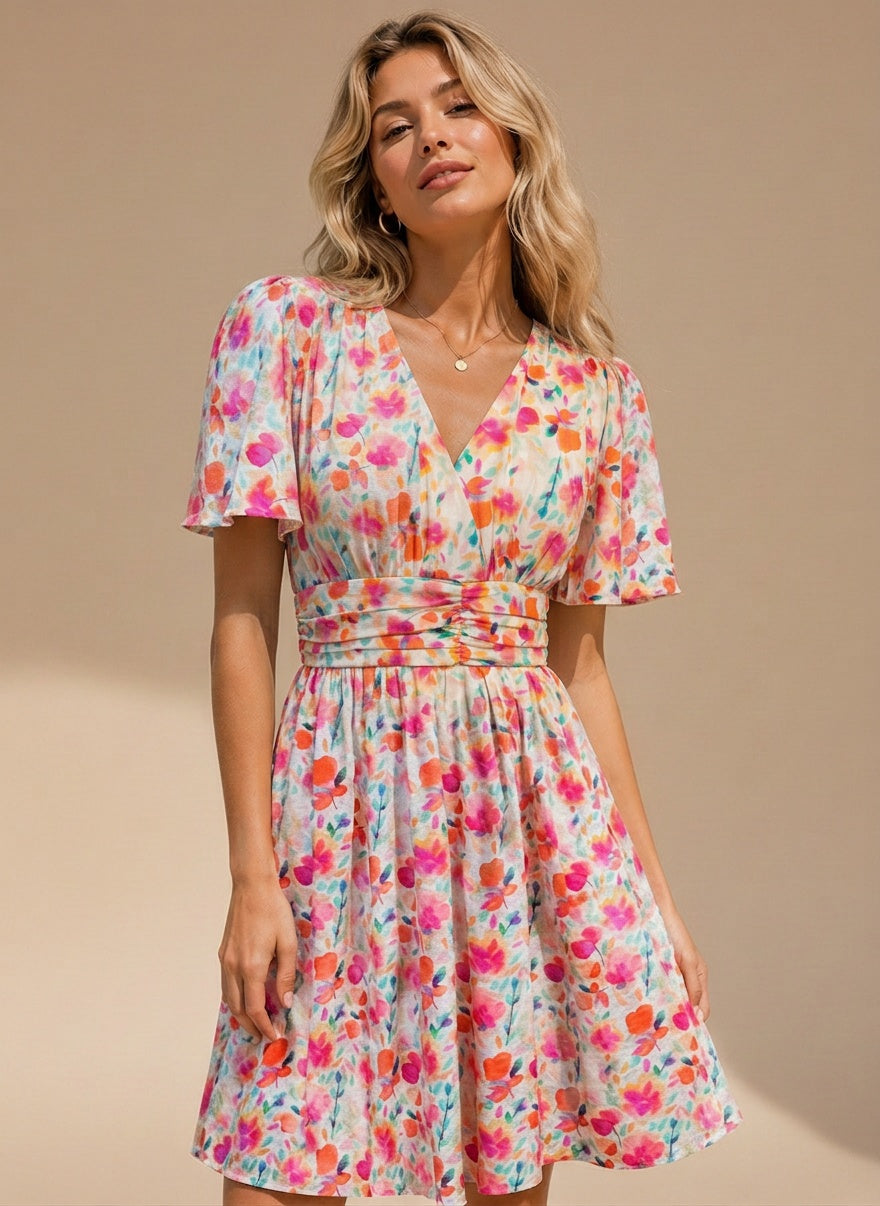 Robe été femme fleurie multicolore vue de devant avec taille marquée et décolleté croisé de VIVICHY 
