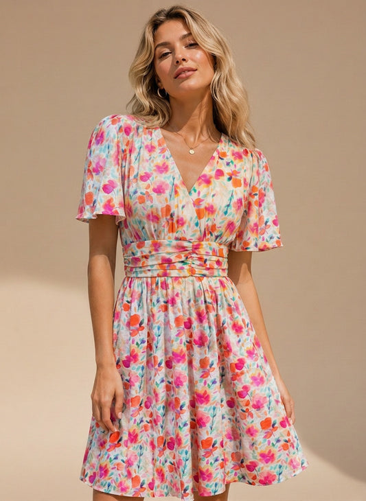 Robe été femme fleurie multicolore vue de devant avec taille marquée et décolleté croisé de VIVICHY 
