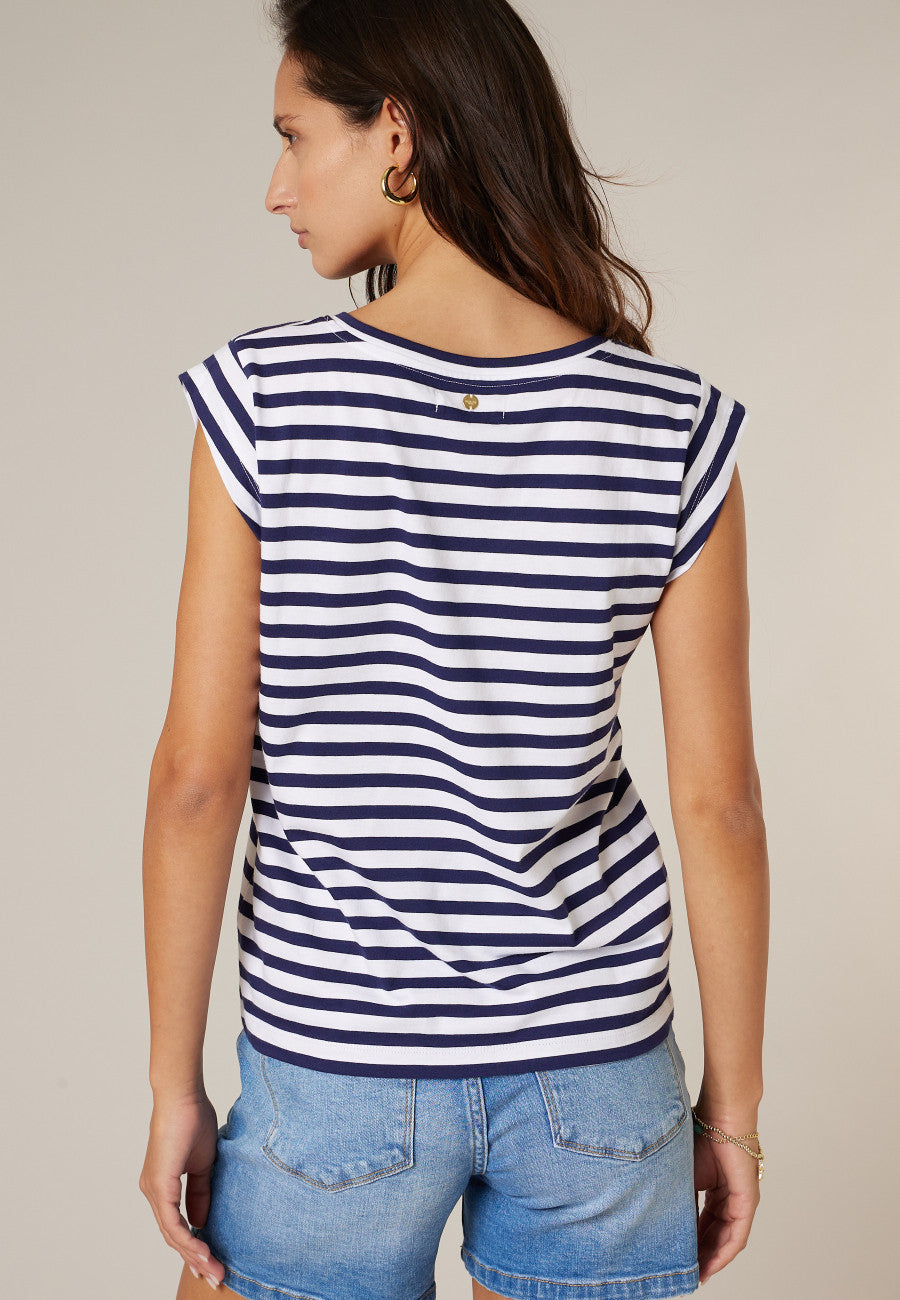 Vue du Dos du teeshirt rayé navy VAMIKA, à la coupe droite et fluide, de chez Deeluxe