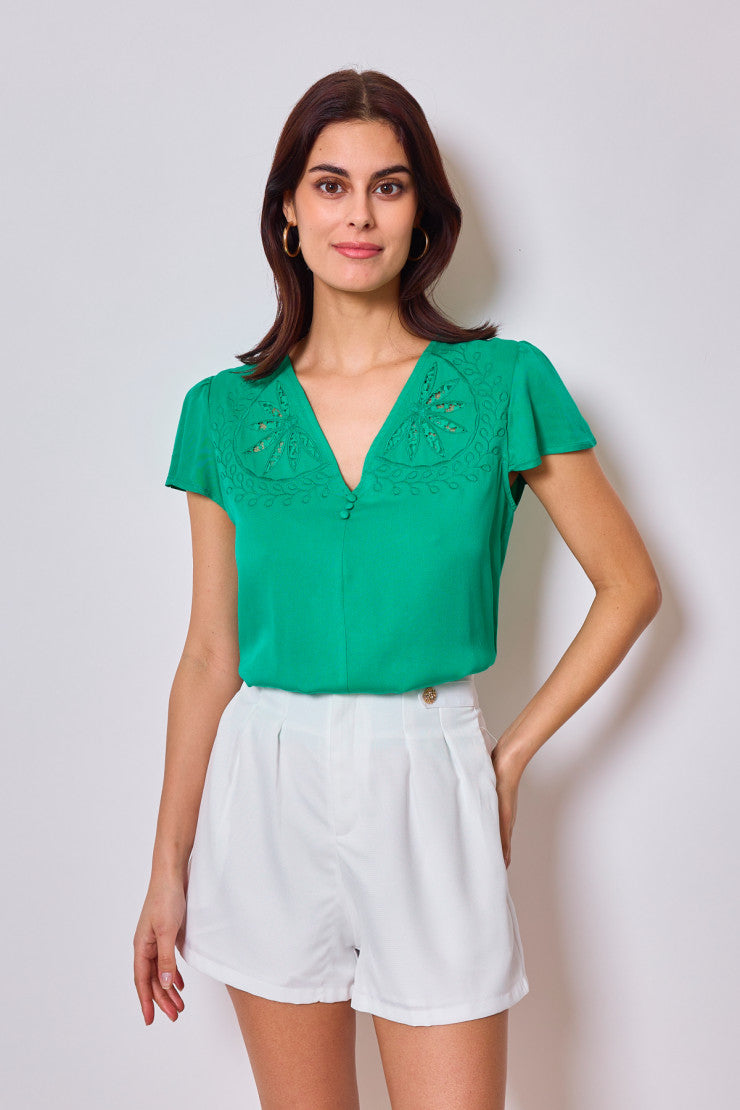 Top fluide vert broderie BILOBA de Lovie and Co