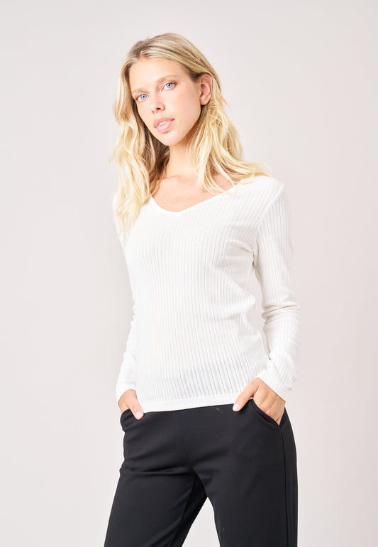 Vue portée de devant du T-shirt blanc femme PAULANA Deeluxe en coton pointelle
